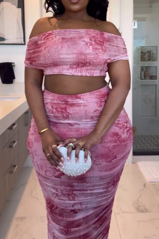 Elegant Pink Abstract Print Off-Shoulder Maxi Dress