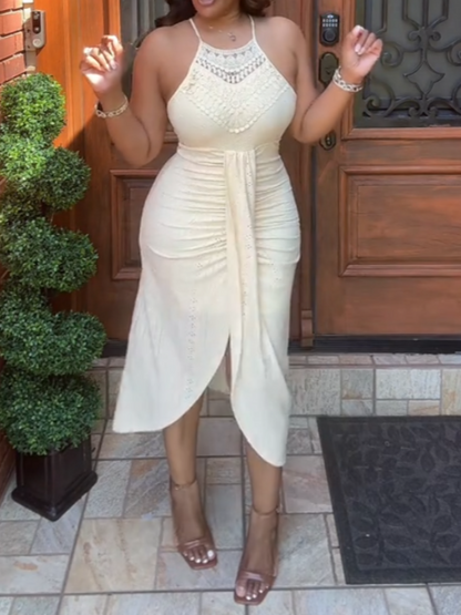 Elegant Sleeveless Cream-colored Midi Dress
