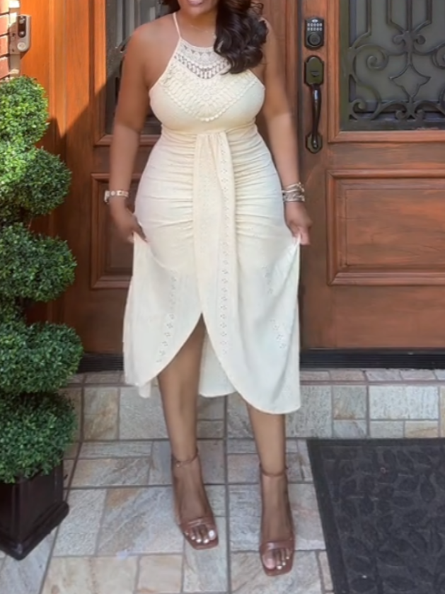 Elegant Sleeveless Cream-colored Midi Dress