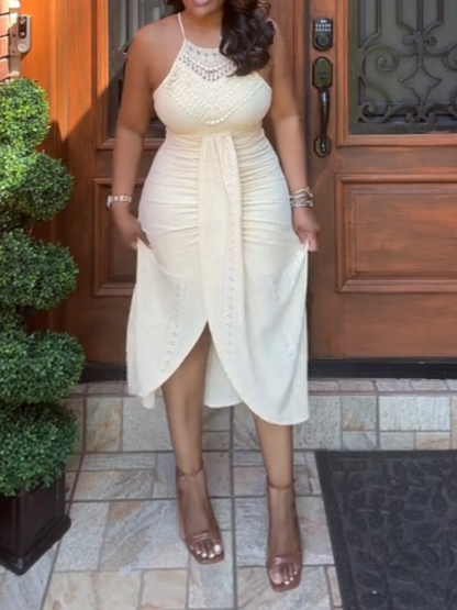 Elegant Sleeveless Cream-colored Midi Dress