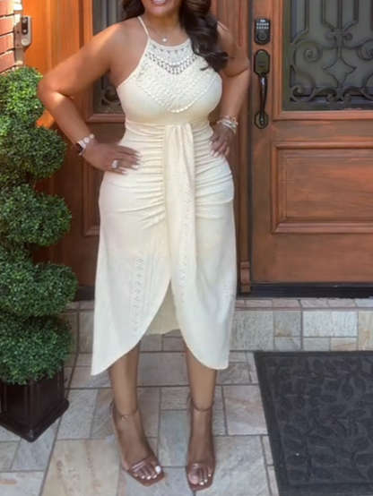 Elegant Sleeveless Cream-colored Midi Dress
