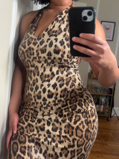 Elegant Sleeveless Leopard Print Midi Dress