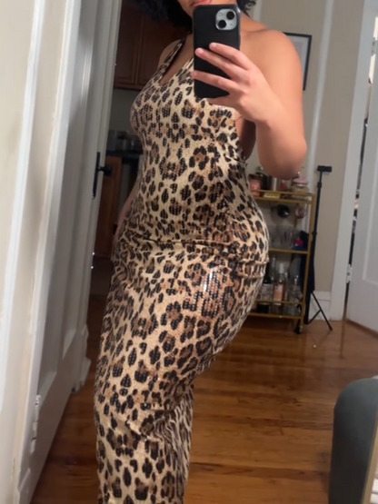 Elegant Sleeveless Leopard Print Midi Dress