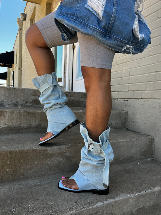 Blue Denim Toe Flat Booties