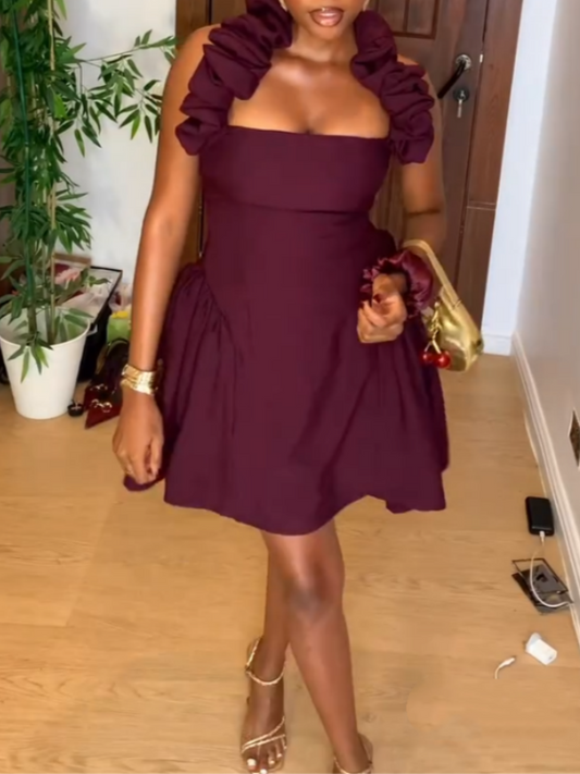 Dark Red Mini Dress With Ruffled Shoulder Details