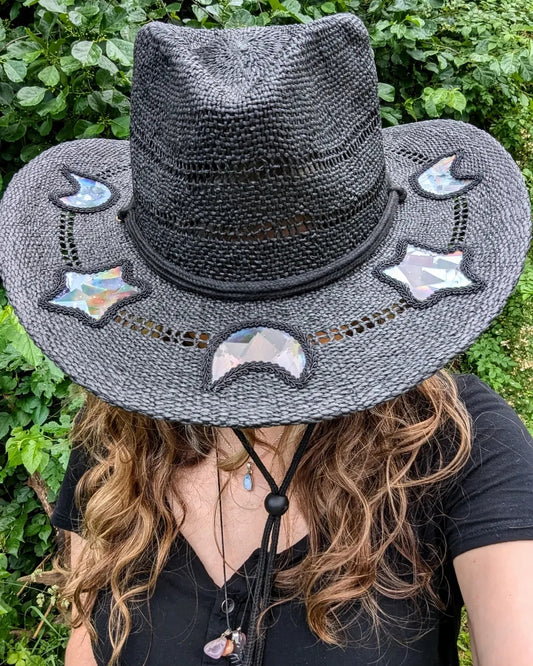 Black Straw Wide-Brim Hat With Star And Crescent Moon Mirrors