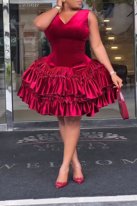 Vivid Red Satin Ruffled Tiered Mini Dress