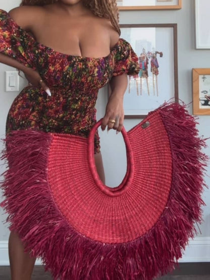Red Feather-Trim Beaded Handbag
