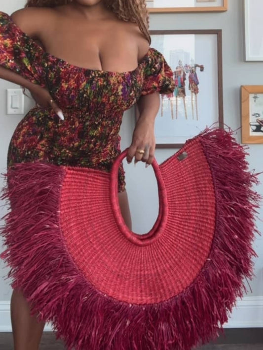 Red Feather-Trim Beaded Handbag