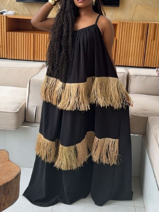 Black Maxi Dress With Gold Fringe Trim