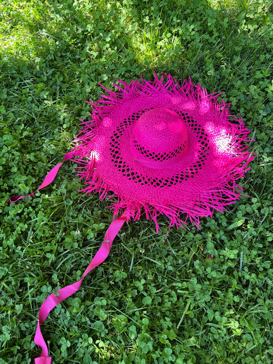 Bright Pink Wide-Brim Straw Hat With Ribbons