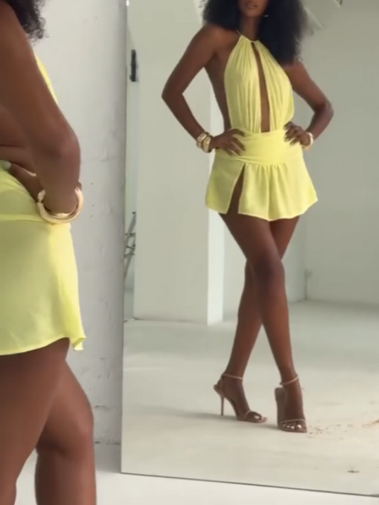 Yellow Halter Neck Cut-Out Mini Dress