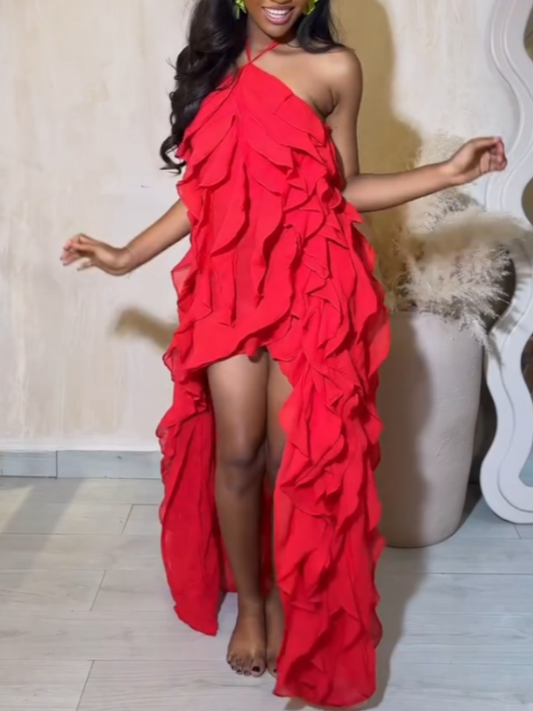 Bright Red Ruffled High-Low Gown