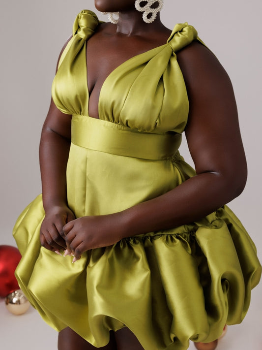 Vivid Lime Green Satin Puff Sleeve Mini Dress