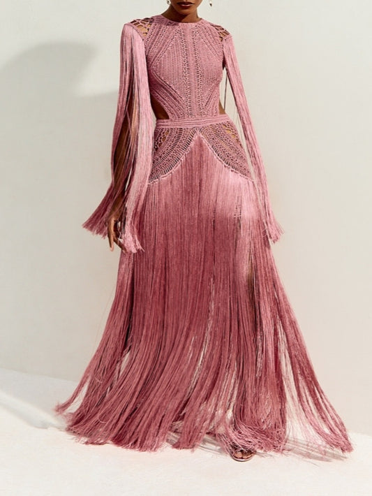Pink Fringed Crochet Gown
