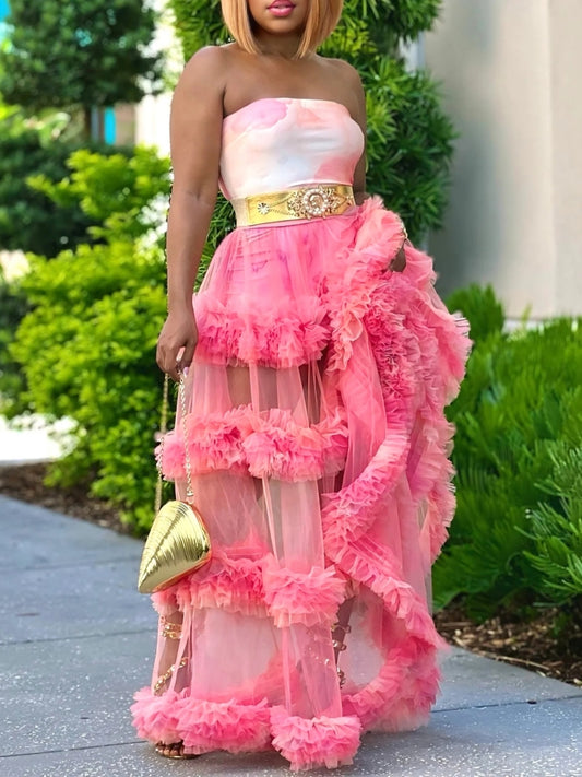 Elegant Pink Tiered Tulle And Satin Strapless Dress