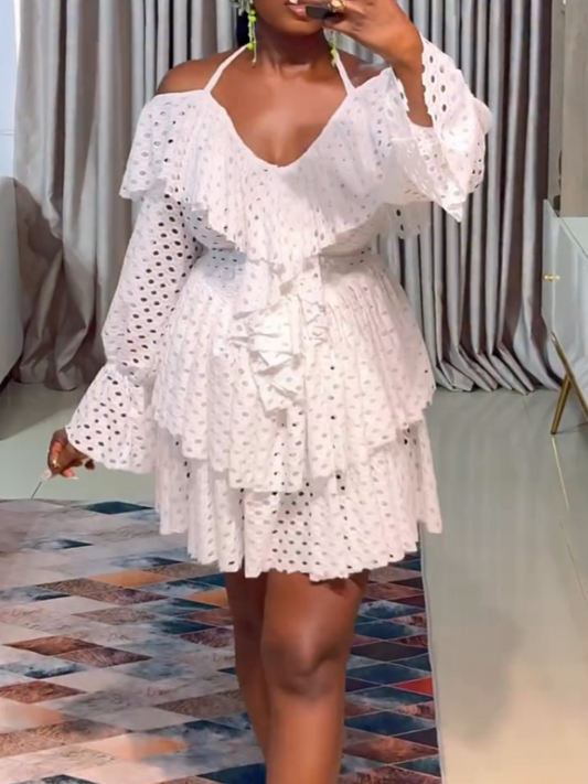 White Eyelet Off-Shoulder Ruffle Dress