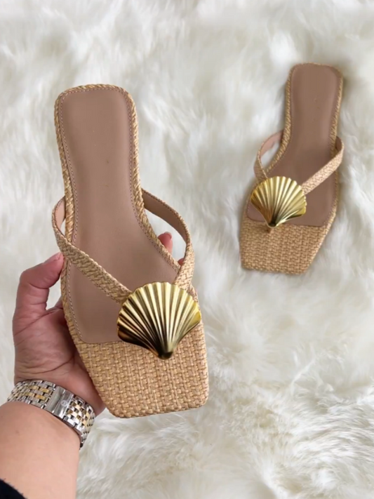 Gold Shell Embellishment Woven Platform Sandals