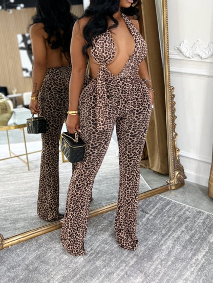 Leopard Print Deep V-Neck Flared Jumpsuit