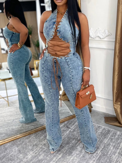 Light Wash Denim Flared Jumpsuit
