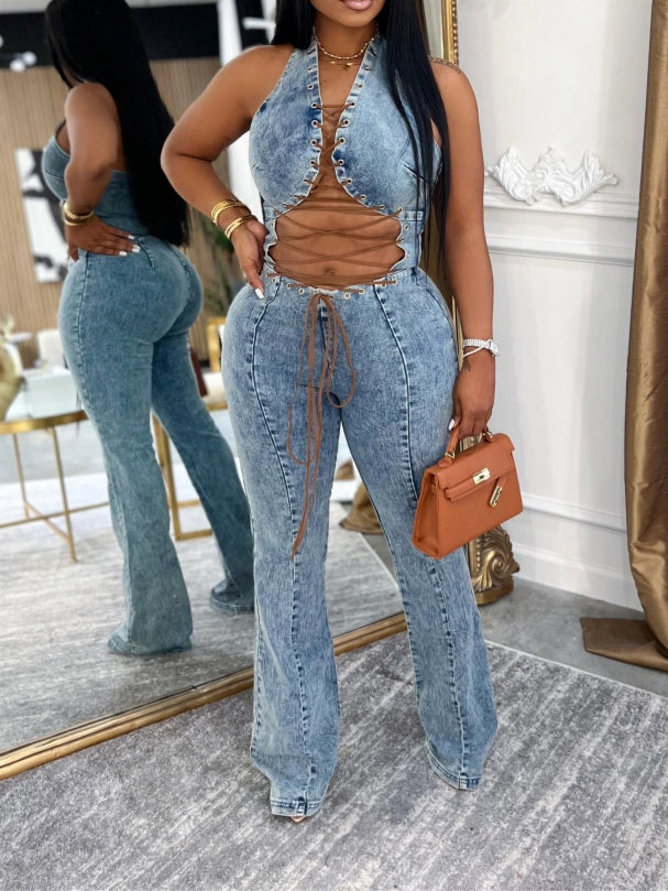 Light Wash Denim Flared Jumpsuit