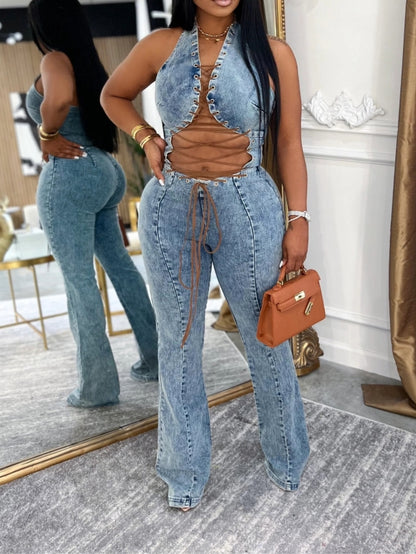 Light Wash Denim Flared Jumpsuit