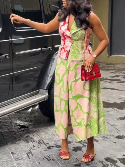 Colorful Abstract Pattern Sleeveless Two Pieces Set