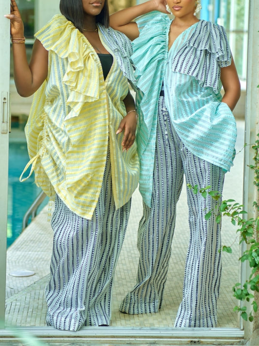 Striped Wide-leg Pants Paired With Ruffled Sleeveless