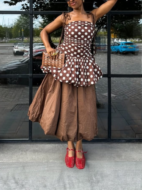 Brown Polka Dot Ruffled Top With Long Brown Dress