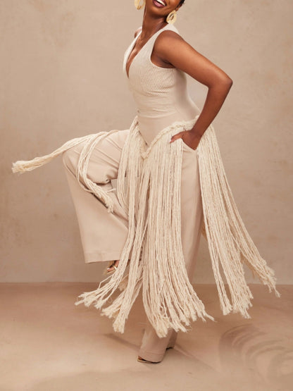 Beige Sleeveless Fringe Detail Two Pieces Set