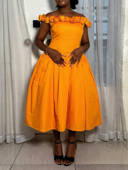 Orange Off-Shoulder Midi Dress