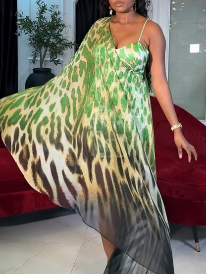 Green And Black Animal Print Maxi Dress With A Slit And Spaghetti Straps