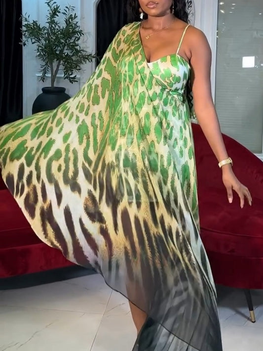 Green And Black Animal Print Maxi Dress With A Slit And Spaghetti Straps