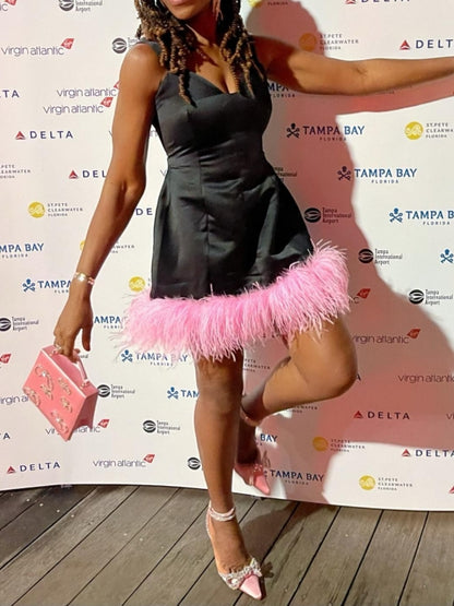 Black Sleeveless Pink Feather Mini Dress