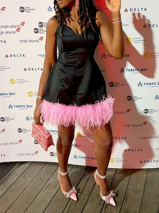 Black Sleeveless Pink Feather Mini Dress
