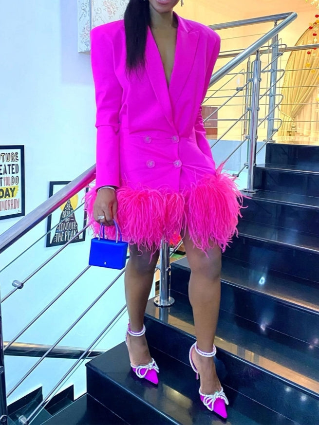 Bright Pink Blazer Mini Dress With Feathered