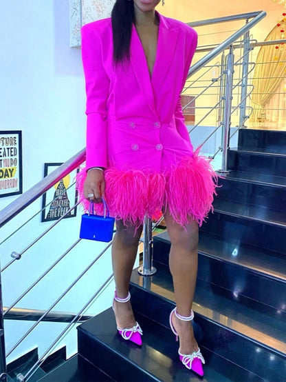 Bright Pink Blazer Mini Dress With Feathered