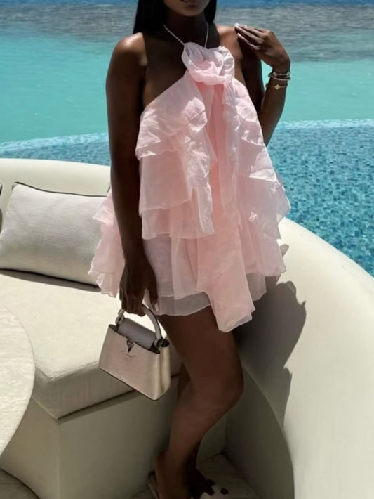 Pink Ruffled Off-Shoulder Dress