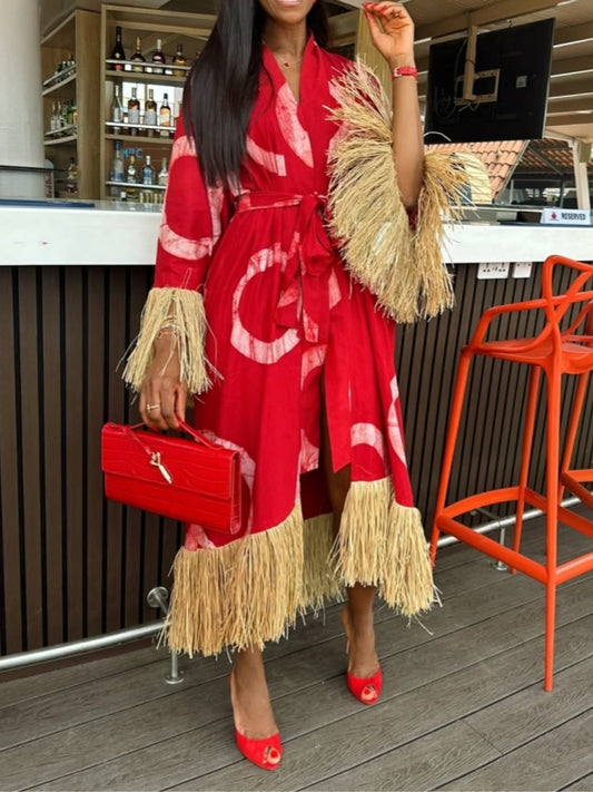 Red Dress with Gold Fringe Accents