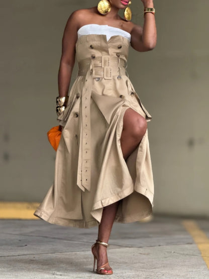 Beige Strapless Corset-Belted Midi Dress