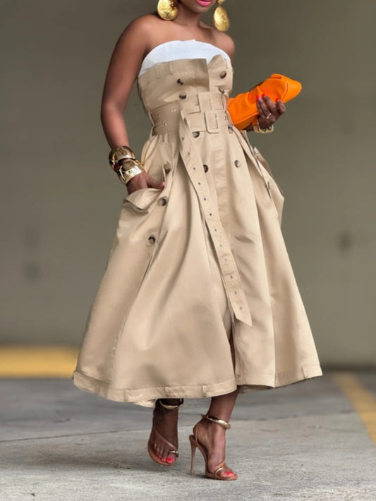 Beige Strapless Corset-Belted Midi Dress