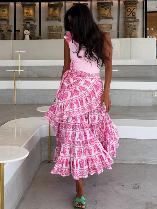 Pink And White Tiered Ruffle Maxi Skirt