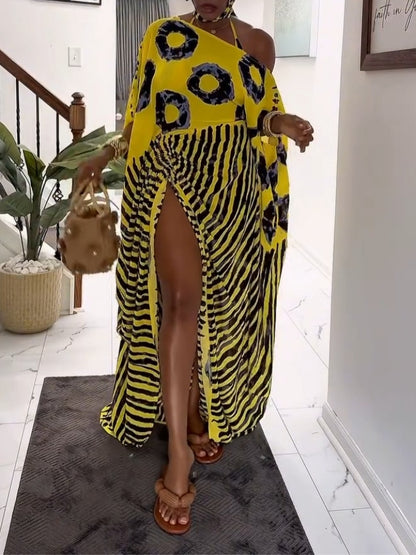 Bright Yellow And Black Abstract Print Kaftan Maxi Dress