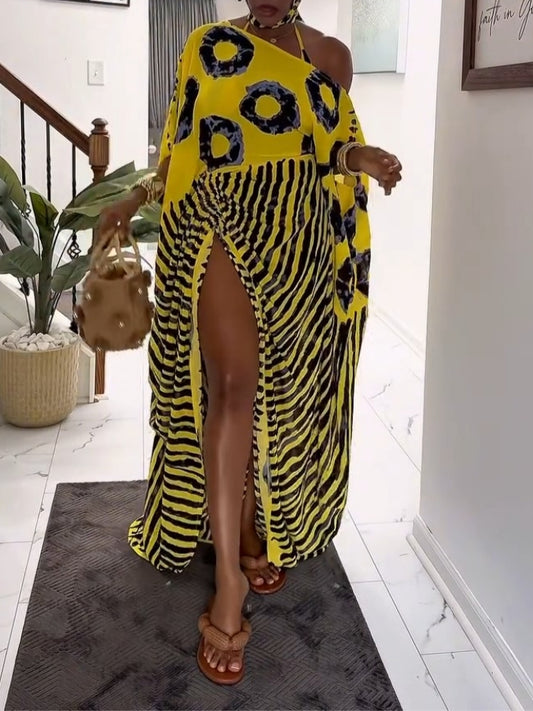 Bright Yellow And Black Abstract Print Kaftan Maxi Dress