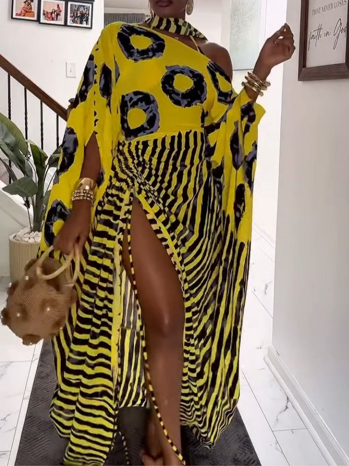 Bright Yellow And Black Abstract Print Kaftan Maxi Dress