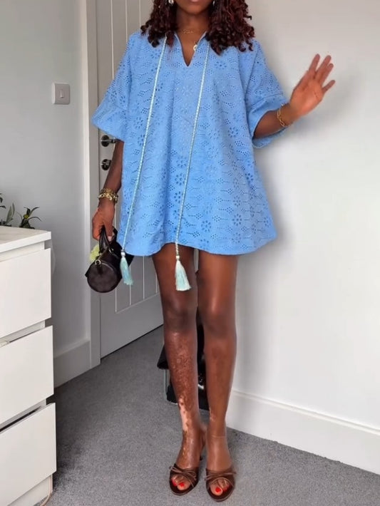 Light Blue Eyelet Knit Tunic Dress