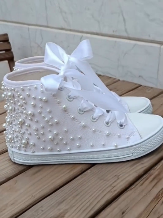 White Pearl-embellished High-Top Sneakers
