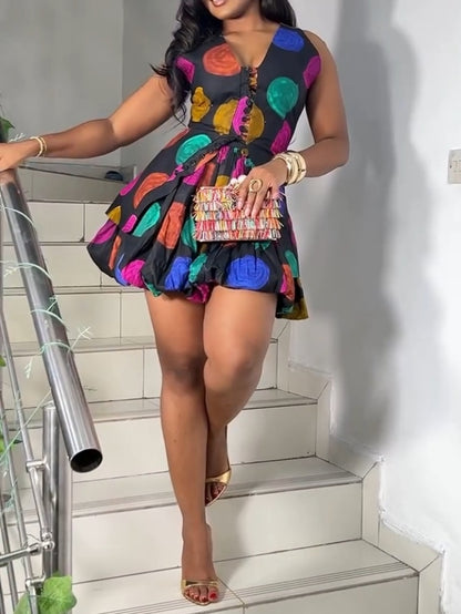 Colorful Polka-Dot Print Sleeveless Dress