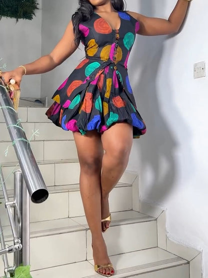 Colorful Polka-Dot Print Sleeveless Dress