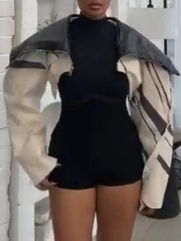 Beige And Black Patchwork Cropped Coat